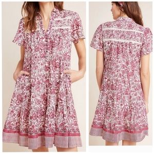 Anthropologie by Anthropologie Georgina Tiered Shirtdress in Red Floral Large